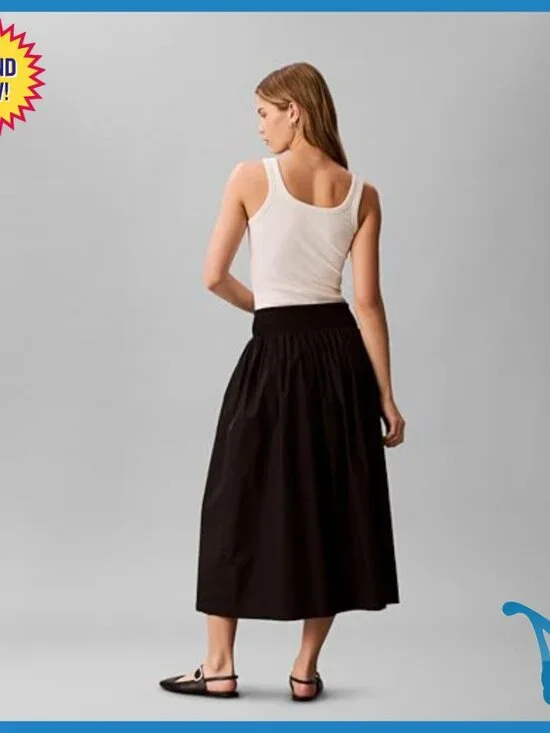 Cotton Poplin Smocked Waist Midi Skirt with Side Pockets - Picture 5 of 5
